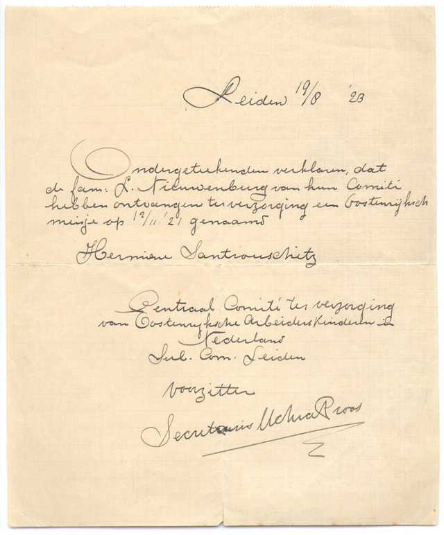 Erklärung vom 21. November 1921über die Aufnahme in einer Pflegefamilie.
