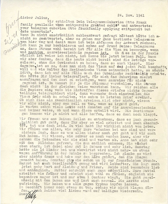 Kuba-Brief Otto Franks 1941.