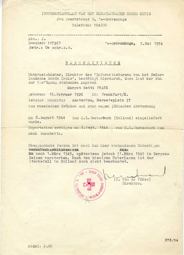 Officieel overlijdensbericht Margot Frank van het Rode Kruis, 5 mei 1954.