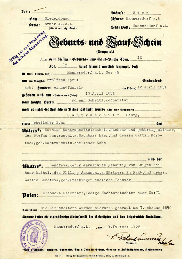 Bestätigung der nicht-jüdischen Abstammung von Hermine Santruschitz, 1939.