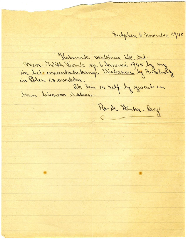 Declaration of Edith Frank's death.