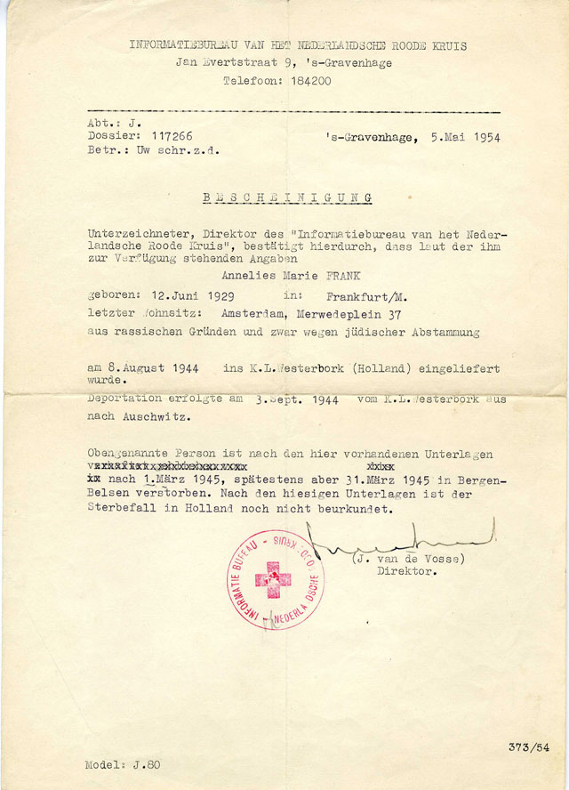 Officieel overlijdensbericht Anne Frank van het Rode Kruis, 5 mei 1954.