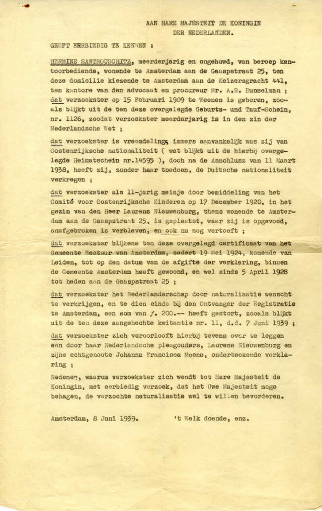 Doorslag van een brief uit 1939 van Miep Gies aan koningin Wilhelmina waarin ze vraagt om Nederlandse te mogen worden.